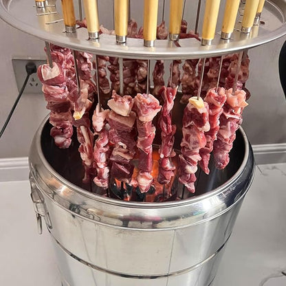 Smokeless Barbecue Surround Charcoal Grill, Stainless Steel Hanging Grill, Portable Smokeless Barrel Shape Grill with 20 Skewers, 13in(D) × 15in(H)