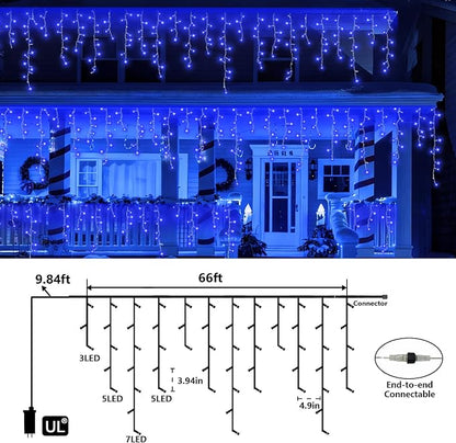 QITONG Blue Icicle Lights for Outside, 66ft 800 LED String Lights Plug in with 8 Modes, Clear Wire Connectable Icicle Christmas Light Indoor
