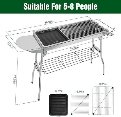 IMOUNTEK Portable Charcoal Grill, Foldable BBQ Grill, Barbecue Grill, Hibachi Grill Outdoor, Kabob Grill, Stainless Steel Charcoal Grill for Camping, Picnic, Patio, Travel, Silver, SKJ001