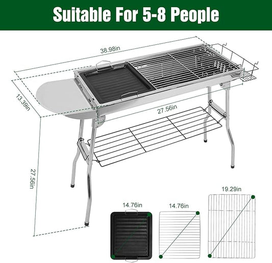 IMOUNTEK Portable Charcoal Grill, Foldable BBQ Grill, Barbecue Grill, Hibachi Grill Outdoor, Kabob Grill, Stainless Steel Charcoal Grill for Camping, Picnic, Patio, Travel, Silver, SKJ001