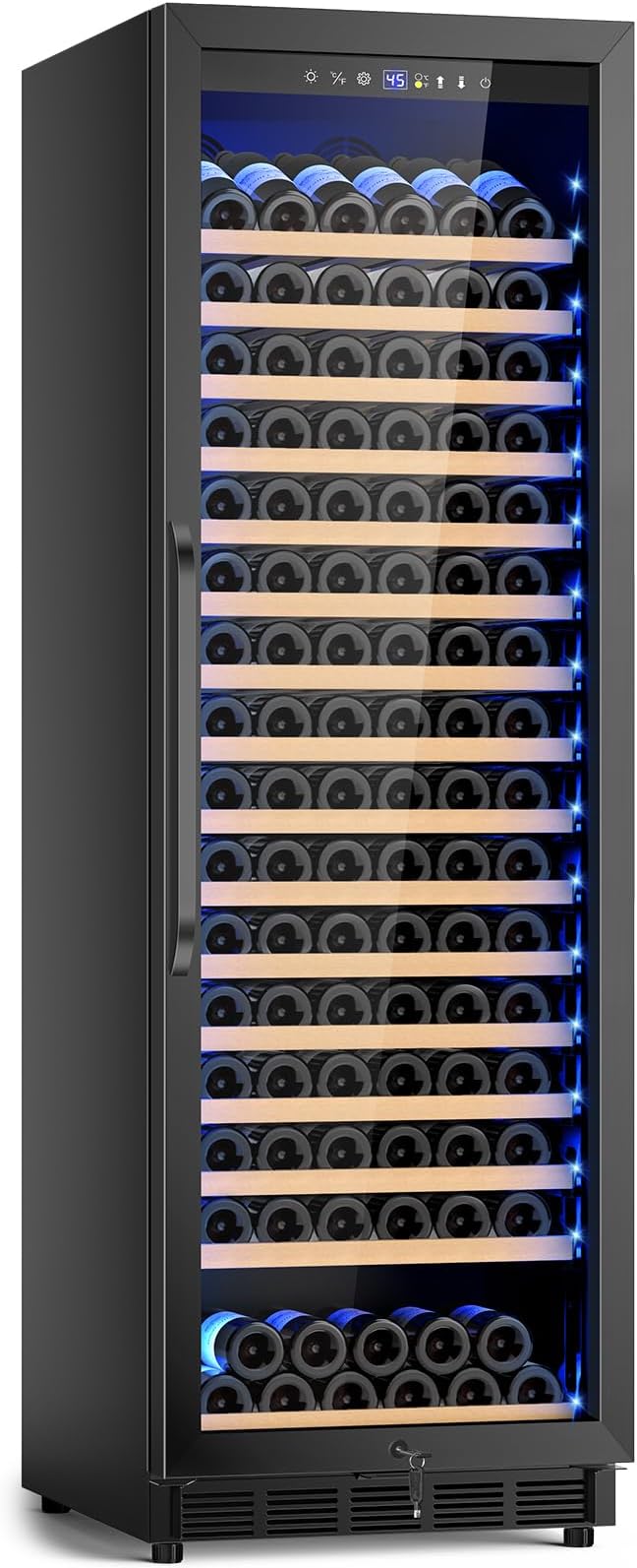 FoMup 24" 190-Bottle Wine Cooler Refrigerator, Freestanding or Built-in | Sliding rail shelves, low noise professional grade, black finish, temperature range 40-65°F, Glass door, digital display