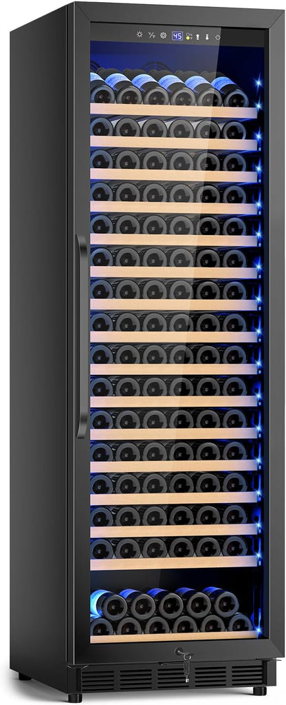 FoMup 24" 190-Bottle Wine Cooler Refrigerator, Freestanding or Built-in | Sliding rail shelves, low noise professional grade, black finish, temperature range 40-65°F, Glass door, digital display