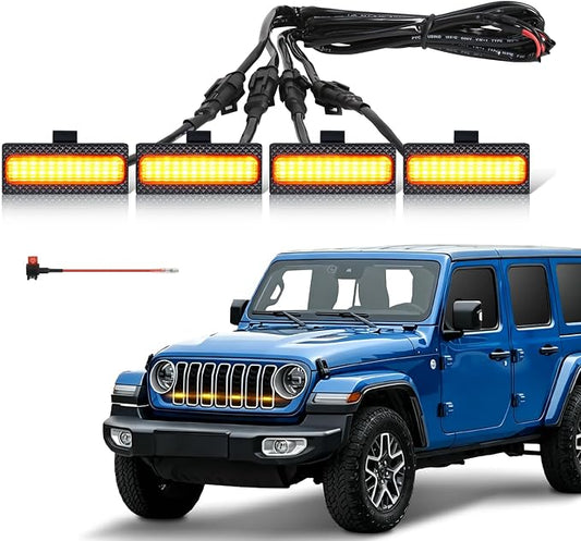 Grill Lights for Jeep Wrangler JL - FICOLPO 4PCS LED Front Grill Lights for Jeep Wrangler JL JLU 2024 2025 2026 Rubicon Sahara Front Bumper Grille Lights with Fuse Adapter & Harness (Amber Light)