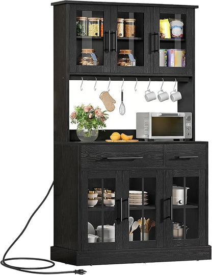 DWVO Kitchen Pantry Storage Cabinet with Microwave Stand, 71'' Tall Kitchen Hutch Cabinets with Power Outlet, Modern Food Pantry Hutch with Drawers ＆ Shelves for Home, Pack of 1, Black | 71" Tall Kitchen Hutch Cabinets with Power Outlet, Modern Food Pa...