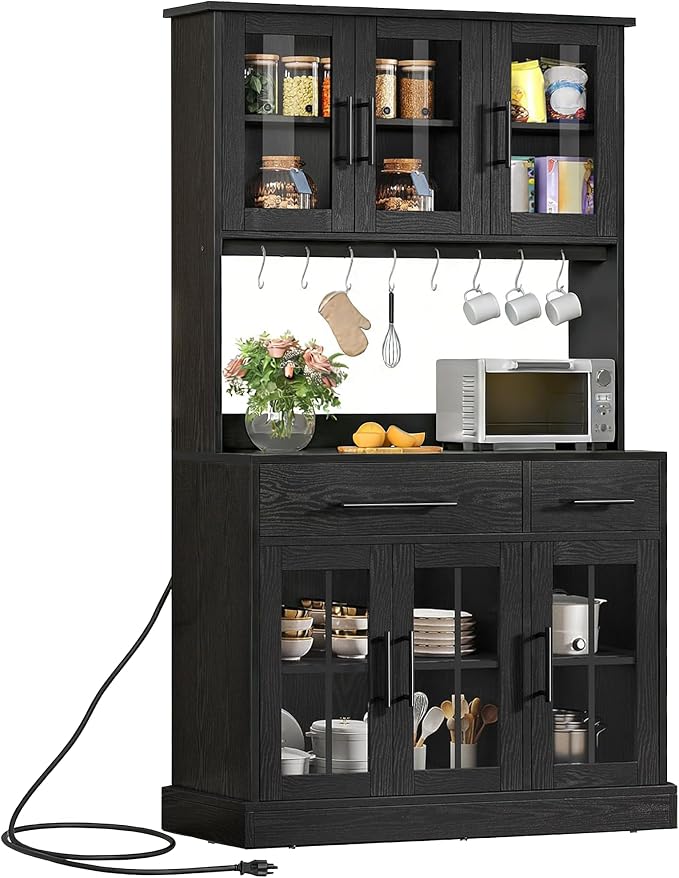 YITAHOME 71'' Kitchen Pantry Storage Cabinet with Microwave Stand, Tall Freestanding Hutch Cabinet with Power Outlet, Pantry Cabinets with Buffet Cupboard, Drawers and Acrylic Doors for Home, Black | Tall Freestanding Hutch Cabinet with Power Outlet, P...