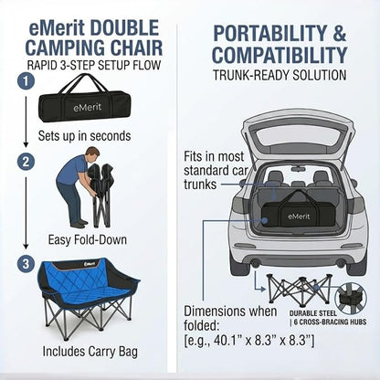 EMERIT Oversized Fully Padded Camping Chair, Heavy Duty 650LB Folding Camping Loveseat, Quad Fold Double Camping Couch with Cup Holders & Carry Bag for Outdoor, Lawn, Sports Events Blue