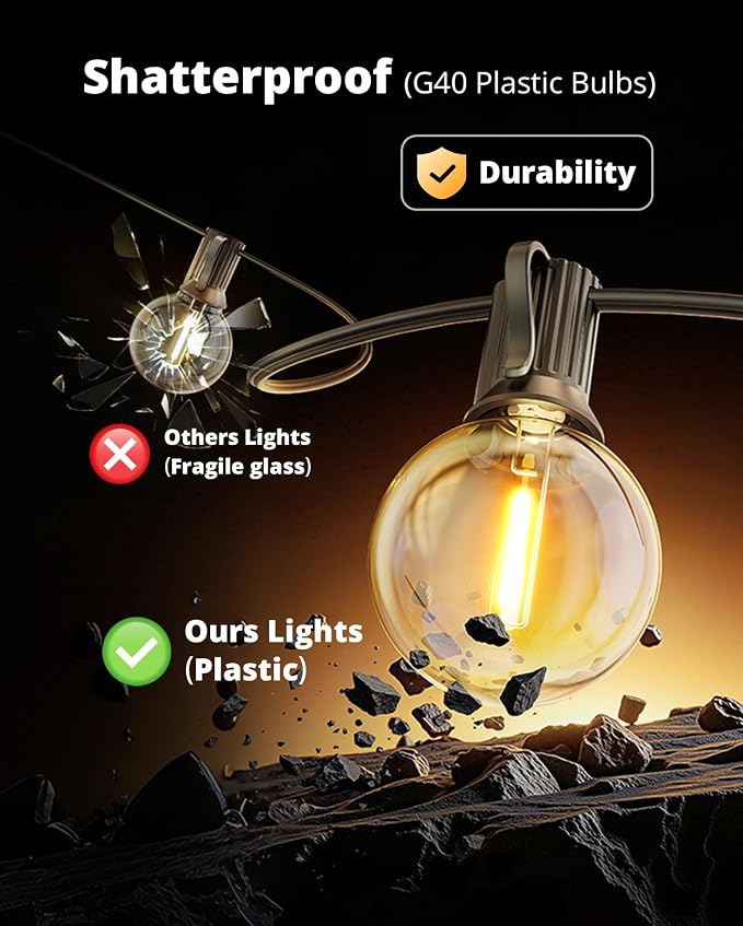 VIPAR Patio Lights, 50FT 27 G40 Bulbs Outdoor String Lights Waterproof for outside, Shatterproof Vintage Connectable LED Outdoor Lights for Patio, Backyard, Porch, Garden, Deck, Bistro, 2700K Dimmable