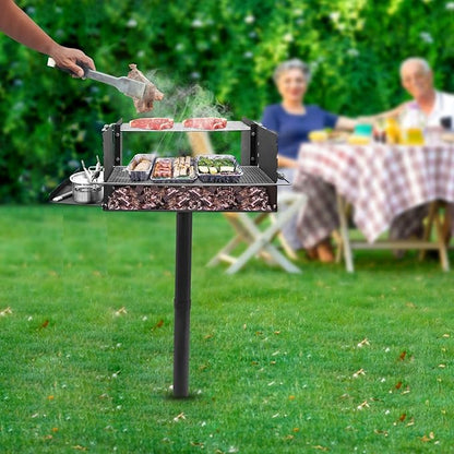 Large Park Style Grill, Single Post Outdoor Grill with Spring Handle & Side Shelf, Heavy Duty In Ground Park Charcoal BBQ Grills for Camping, Outdoor Cooking, 40'' L x 25.5'' W x 52.5'' H