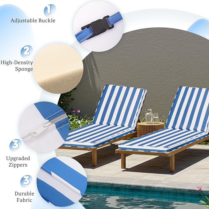Chaise Lounge Cushions Outdoor Set of 2, 72"x22"x3" Patio Lounge Chair Furniture Cushions with Washable Covers for Pool, Patio, Lawn (Sky Blue+White Stripes, 2 Pcs)
