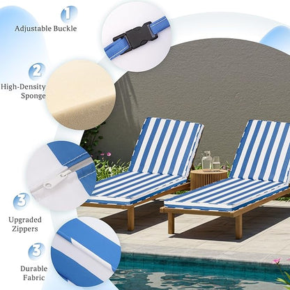 Chaise Lounge Cushions Outdoor Set of 2, 80"x26"x3" Patio Lounge Chair Furniture Cushions with Washable Covers for Pool, Patio, Lawn (Sky Blue+White Stripes, 2 Pcs)