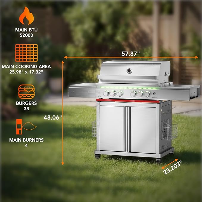 Electactic Heavy-duty Propane Gas Grill, SUS304 Stainless Steel 6-Burner BBQ Grill with 4 Main Burners, 1 Infrared Rear Burner, 1 Side Burner and LED Lights, High Performance Outdoor Grilling