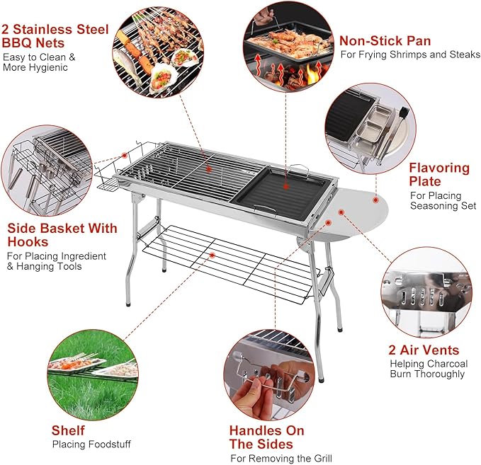 TeqHome Portable Charcoal Grill, Large Stainless Steel Folding BBQ Grill, Foldable Barbecue Grill with Storage Shelf for Camping BBQ Garden Backyard Party Picnic Outdoor Cooking Kabob, 39x13.4x28 inch