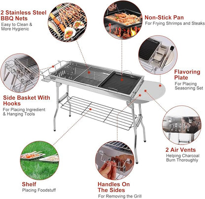 TeqHome Portable Charcoal Grill, Large Stainless Steel Folding BBQ Grill, Foldable Barbecue Grill with Storage Shelf for Camping BBQ Garden Backyard Party Picnic Outdoor Cooking Kabob, 39x13.4x28 inch
