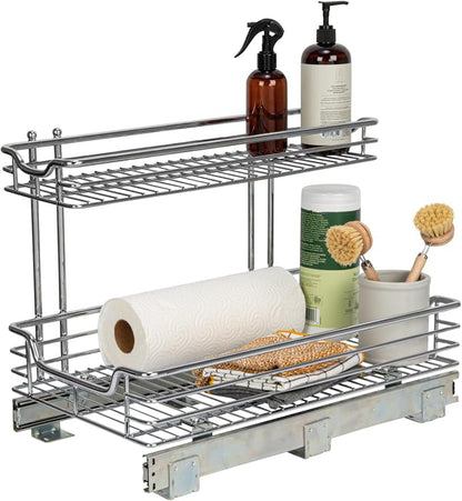 Household Essentials Glidez 2‑Tier Large Multipurpose Chrome‑Plated Steel Pull‑Out/Slide‑Out Under Sink Organizer, Chrome Finish