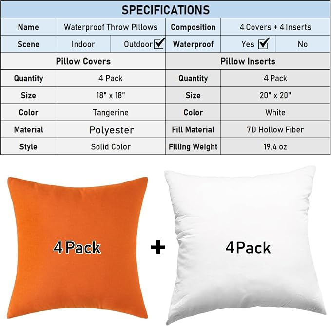 Outdoor Throw Pillows with Inserts, Waterproof Pillows for Outdoor Seating, Square Decorative Garden Cushion for Patio Furniture, Bed, Couch, Sofa(Orange, 18" x 18" (Pack of 4))