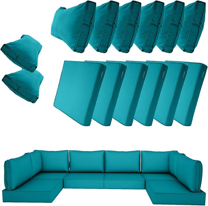 14 Piece Outdoor Patio Cushion Cover Replacement, Waterproof Patio Cushion Covers, Outdoor Furniture Cushion Covers Set for 6 Seat Wicker Rattan Sofa (Turquoise)