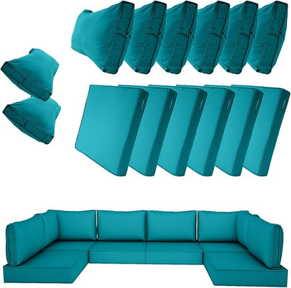14 Piece Outdoor Patio Cushion Cover Replacement, Waterproof Patio Cushion Covers, Outdoor Furniture Cushion Covers Set for 6 Seat Wicker Rattan Sofa (Turquoise)