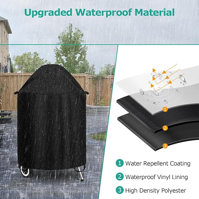 SunPatio Grill Cover Compatible with Weber, Big Green Egg, Char-Broil 22 Inch Charcoal Kettle Grills, Outdoor Waterproof BBQ Grill Cover, Compared to Weber 7150, 27.7" Dia x 38" H