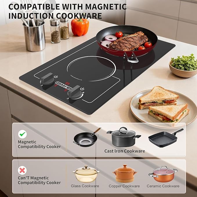 VBGK 2 burner Induction cooktop,110V 2300W double burner hot plate with LED Touch Screen, 9 Power Levels, Kids Lock & Timer, Overheat Protection, knob and touch control Double Induction Cooktop
