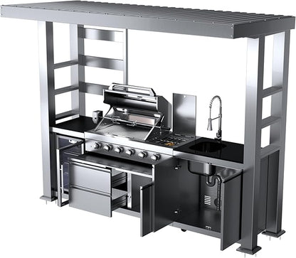 110-Inch 4-Burner 72000 BTU Stainless Steel Natural Gas Grill Outdoor Kitchen Island with Canopy,485Sq.In Cooking Area,Wine Cooler,Refrigerator,Rotisserie,For Backyard BBQ,Silver