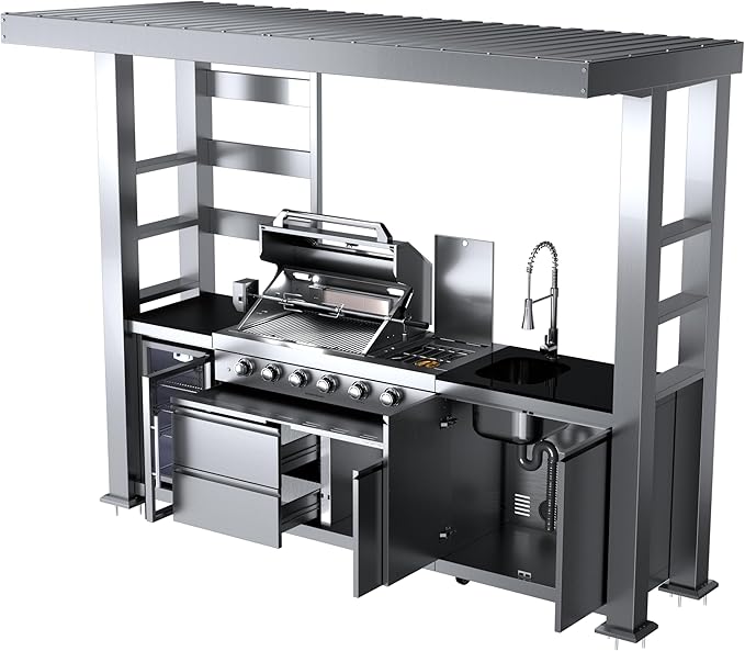 110-Inch 4-Burner 72000 BTU Stainless Steel Propane Gas Grill Outdoor Kitchen Island with Canopy,485Sq.In Cooking Area,Wine Cooler,Refrigerator,Rotisserie,For Backyard BBQ,Silver
