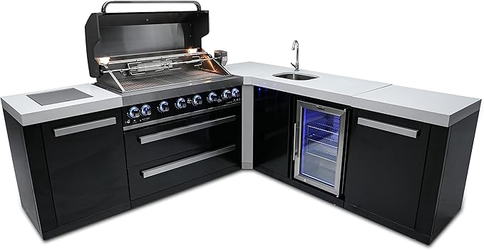 Mont Alpi Premium 94"W x 88"D L-shaped Black Stainless Steel Modular Outdoor Kitchen Island with Beverage Center Refrigerator Faucet & Sink + 44"W 6-Burner BBQ Gas Grill + Storage Cabinets & Drawers