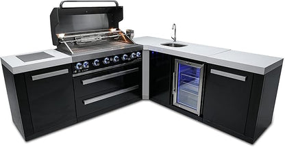 Mont Alpi Premium 94"W x 88"D L-shaped Black Stainless Steel Modular Outdoor Kitchen Island with Beverage Center Refrigerator Faucet & Sink + 44"W 6-Burner BBQ Gas Grill + Storage Cabinets & Drawers