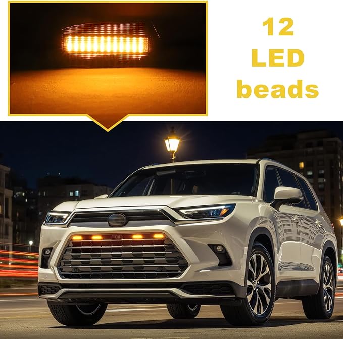 Led Grille Grill Lights for 2024 2025 2026 Toyota Grand Highlander | Amber Upgrade 4 in 1 leds, Xle Limited Hybrid Sport Oem Grills Light Accessories
