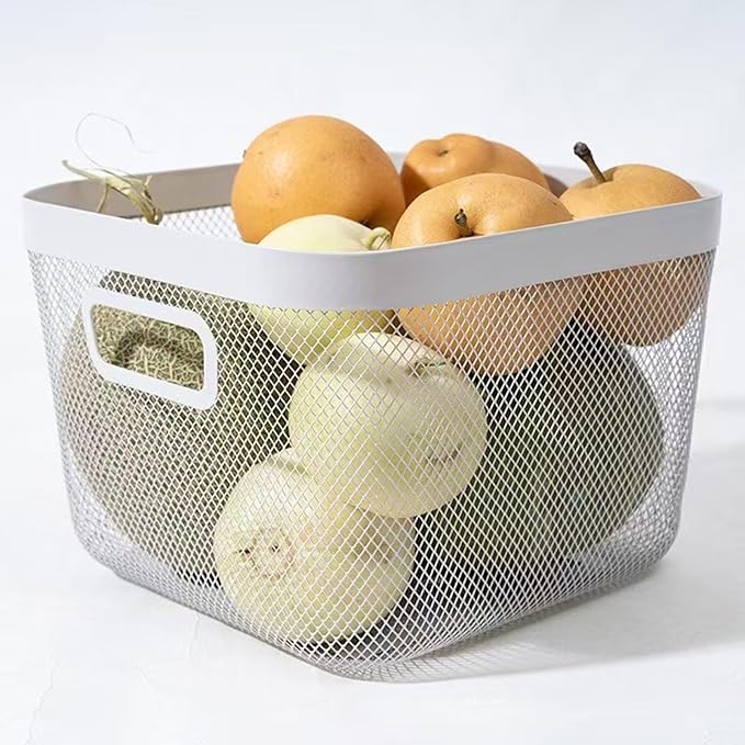 AJIODA Metal Mesh Steel Baskets, Household Wire Storage Organizer Bin Garden Harvest Basket Multi-functional Fruit Baskets with Handles for Kitchen Bathroom Picnic Shopping Decor Cabinet Home, White