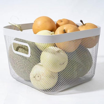 AJIODA Metal Mesh Steel Baskets, Household Wire Storage Organizer Bin Garden Harvest Basket Multi-functional Fruit Baskets with Handles for Kitchen Bathroom Picnic Shopping Decor Cabinet Home, White