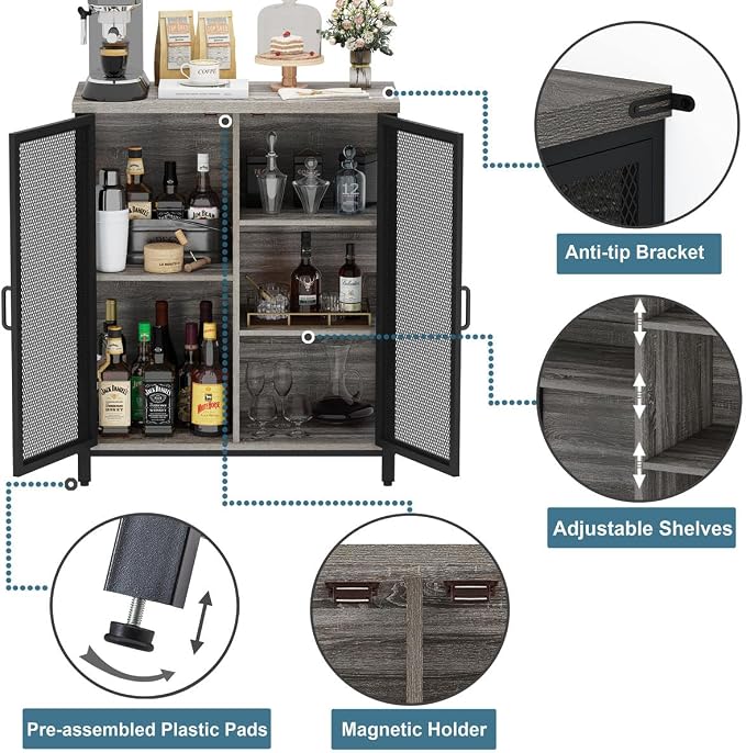 Small Coffee Bar Cabinet with Storage, Farmhouse Liquor Cabinet for Home Coffee Station, Wood Sideboard Buffet with Doors for Kitchen, Dining Room, Living Room, Dark Grey Oak