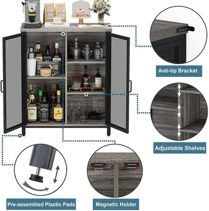 Small Coffee Bar Cabinet with Storage, Farmhouse Liquor Cabinet for Home Coffee Station, Wood Sideboard Buffet with Doors for Kitchen, Dining Room, Living Room, Dark Grey Oak