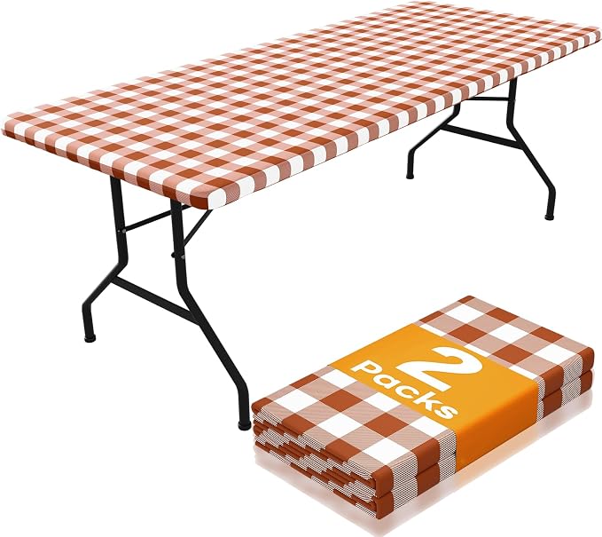 Smiry Picnic Table Cloth 2 Pack, Waterproof Elastic Fitted Tablecloths for 6FT Rectangle Tables, Washable Polyester Buffalo Plaid Tablecloth for Camping, Dining & Outdoor (Rust & White, 30" x 72")