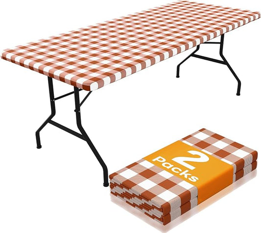 Smiry Picnic Table Cloth 2 Pack, Waterproof Elastic Fitted Tablecloths for 6FT Rectangle Tables, Washable Polyester Buffalo Plaid Tablecloth for Camping, Dining & Outdoor (Rust & White, 30" x 72")