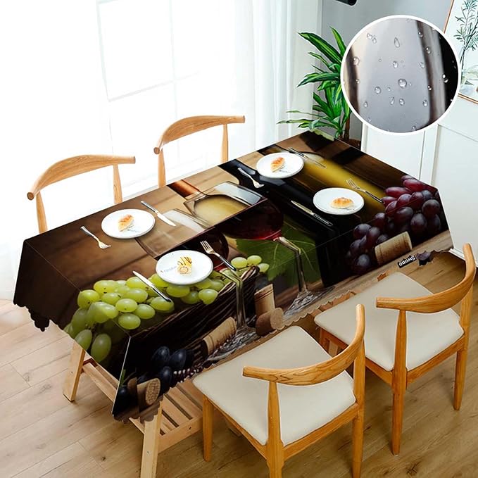 Swono 52x70 Inch Wine Tablecloth Red and White Wine Glass Grapes Wooden Farmhouse Dining Table Cloth Anti-Stain Talking Table Cover for Kitchen Dinning Room Coffee Store