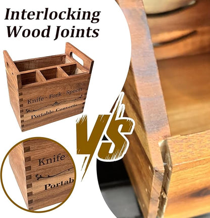 Portable Acacia Wood Kitchen Utensil Holder with Handle, Warm Aesthetic 4-Compartment Flatware Organizer, Utensil Holder Counter for Parties Picnics RV Dining