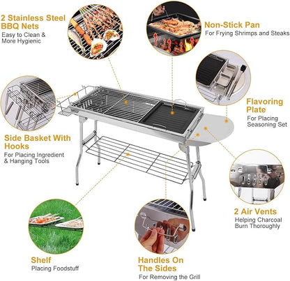 Portable Charcoal Grill Stainless Steel Foldable BBQ Suitcase Grill for Outdoor Camping Picnics Garden Backyard Party Beach Cooking Barbecue