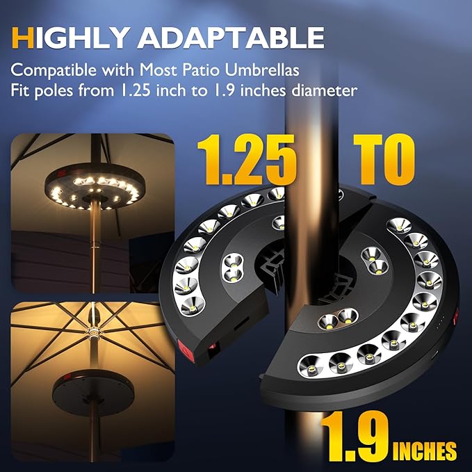 Eletorot 2packs Patio Umbrella Lights-Rechargeable Outdoor Lights for Patio | Patio Table Light 28 LED 3 Lighting Modes for 1.25-1.9inch Pole, Pool Accessories, Garden Backyard Decor