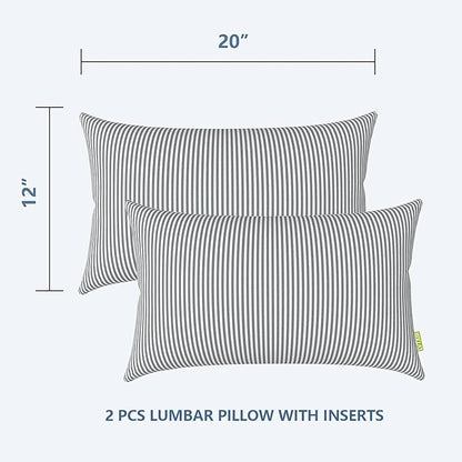 LVTXIII 12×20 Inch Outdoor Lumbar Pillows, Pack of 2 Water Repellent Lumbar Pillow with Inserts, Fluffy Decorative Garden Lumbar Cushions for Home Patio Coach Sofa Use, Topanga Stripe Grey