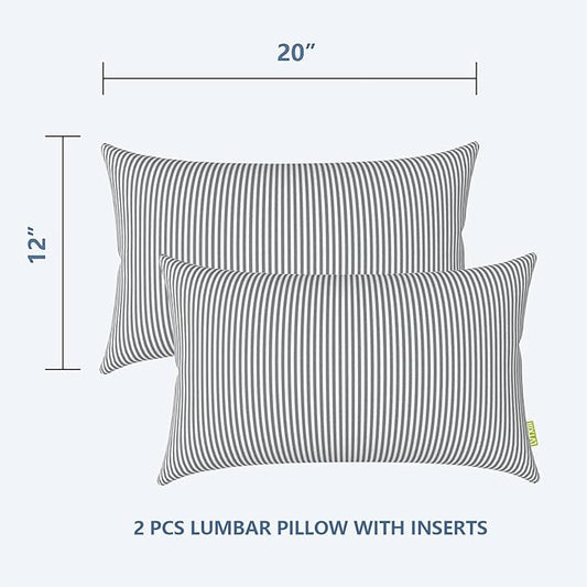LVTXIII 12×20 Inch Outdoor Lumbar Pillows, Pack of 2 Water Repellent Lumbar Pillow with Inserts, Fluffy Decorative Garden Lumbar Cushions for Home Patio Coach Sofa Use, Topanga Stripe Grey