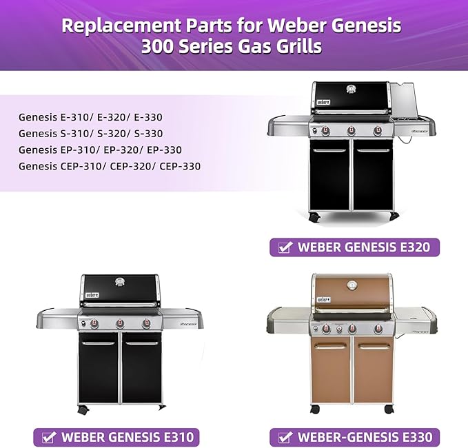 Genesis Grill Parts for Weber Genesis E310 with 7524 Cast Iron Grill Grate Porcelain Flavorizer Bars 7622 Heat Deflector and 62752 Gril Burners for Weber Genesis 300 Series, Genesis E330 S330