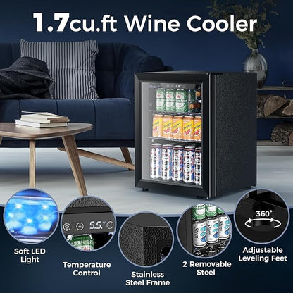 Electactic 1.7 Cu.ft Beverage Refrigerator Cooler, 68 Can Mini Fridge Glass Door with Adjustable Shelves, Digital Temperature Display, Freestanding Small Drink Fridge for Home, Office or Bar(Black)