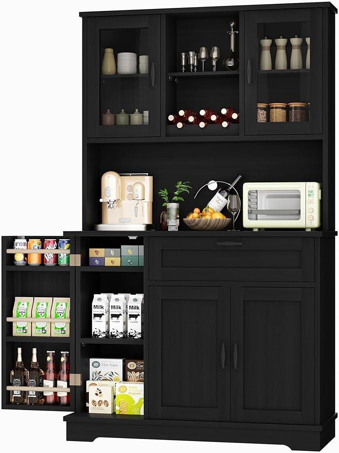 Shintenchi Kitchen Pantry Storage Cabinet, Freestanding Buffet Cabinet with Microwave Stand & 3 Door Shelves, Kitchen Hutch with Doors, Adjustable Shelves and Wine Rack, Black