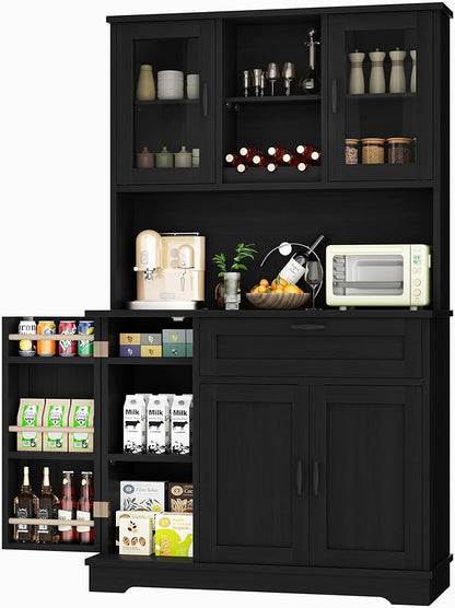 Shintenchi Kitchen Pantry Storage Cabinet, Freestanding Buffet Cabinet with Microwave Stand & 3 Door Shelves, Kitchen Hutch with Doors, Adjustable Shelves and Wine Rack, Black