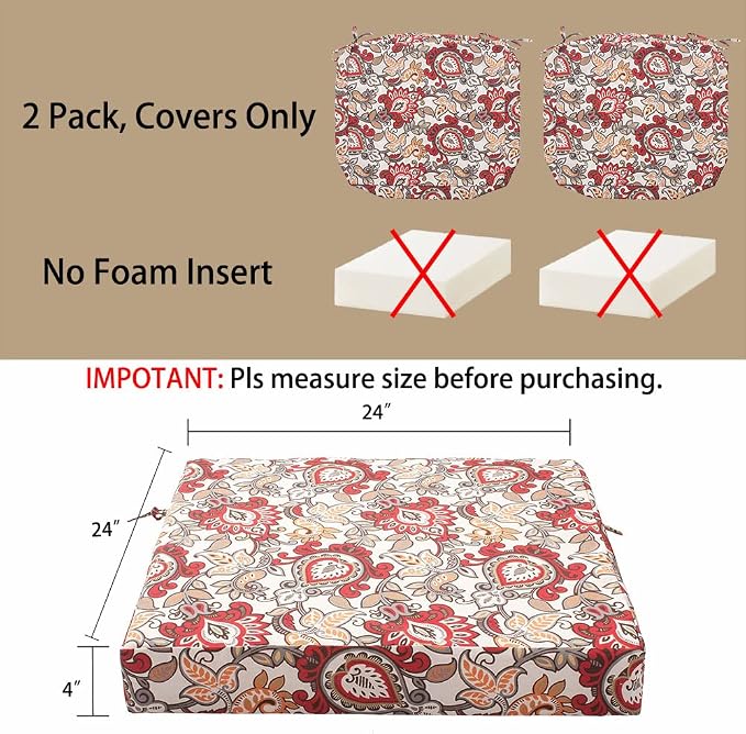 Magpie Fabrics Indoor Outdoor Cushion Cover Replacement 2 Pack, NO Insert! Water Repellent Slipcover with Ties Decor for Patio Garden Chair Seat Sofa Bench Wicker(Floral Red Orange, 24x24x4 Inch)