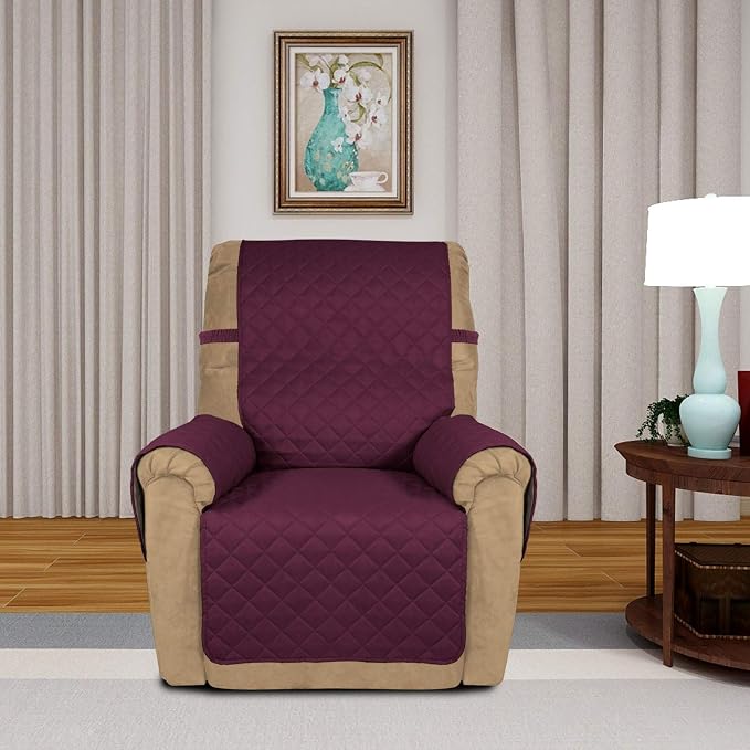 PureFit Reversible Quilted Recliner Sofa Cover, Water Resistant Slipcover Furniture Protector, Washable Couch Cover with Elastic Straps for Kids, Dogs, Pets (Small, Wine/Beige) | Wine/Beige, Water Resistant Couch Protector, Washable Pet Couch Cover wit...