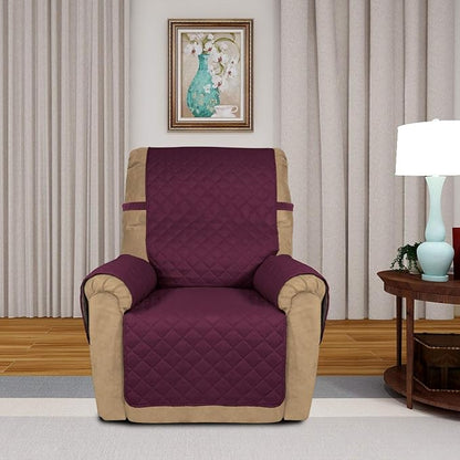 PureFit Reversible Quilted Recliner Sofa Cover, Water Resistant Slipcover Furniture Protector, Washable Couch Cover with Elastic Straps for Kids, Dogs, Pets (Small, Wine/Beige) | Wine/Beige, Water Resistant Couch Protector, Washable Pet Couch Cover wit...