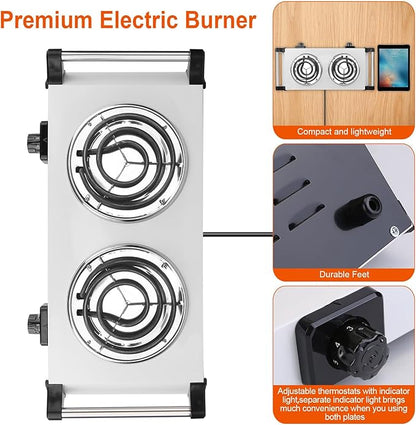 Electric Hot Plate, 2000W Countertop Double Burner with Adjustable Temperature & Handles, Stainless Steel Coil Electric Stove for Cooking Cooktop for Home Kitchen Dorm RV Camp, White
