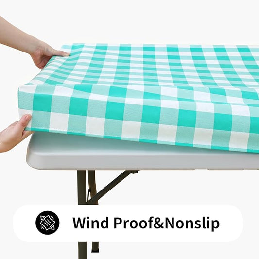 Smiry Rectangle Picnic Table Cloth, Elastic Waterproof Fitted Vinyl Tablecloths, Flannel Backed Buffalo Plaid Table Covers for Dining, Camping, Outdoor (White and Teal, 36" x 72")