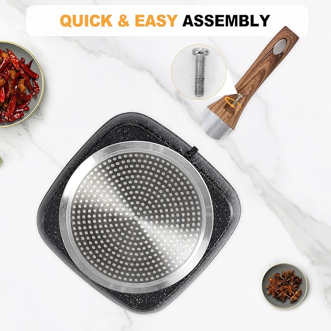 NEWBULIG 3-Piece Nonstick Grill Pan Set, Square Griddle Pans with Wooden Handles, Induction Cooktop Compatible, Nonstick Cookware for Steak, BBQ, Vegetables, Black, 9.5, 10.2, 11 Inch